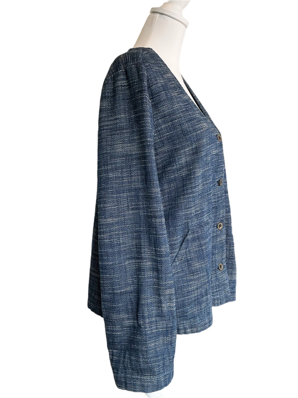 J. Jill Pure Jill Indigo Blue Button-Front Cotton Textured Jacket Blazer - Picture 3 of 9
